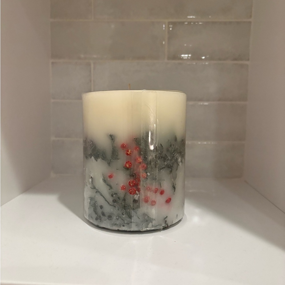 NWT Pottery Barn Snow Currant Pillar Candle 4inch x 4.5 inch brand new
